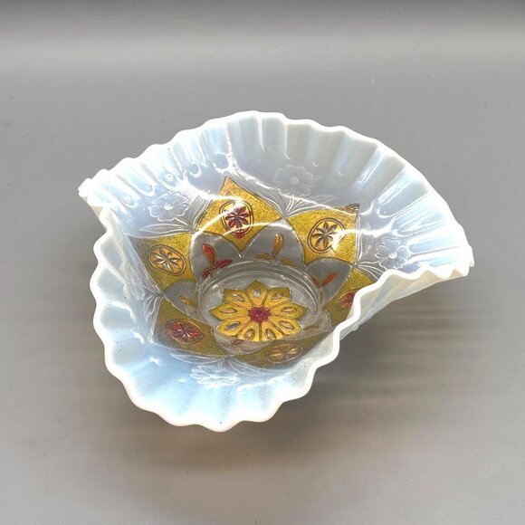 Antique Goofus Glass Bowl Opalescent Ruffled Edge Hand Painted Red Gold Floral - Picture 1 of 8